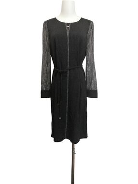 🐨 Black Metallic-Trim Long Sleeve Belted Dress